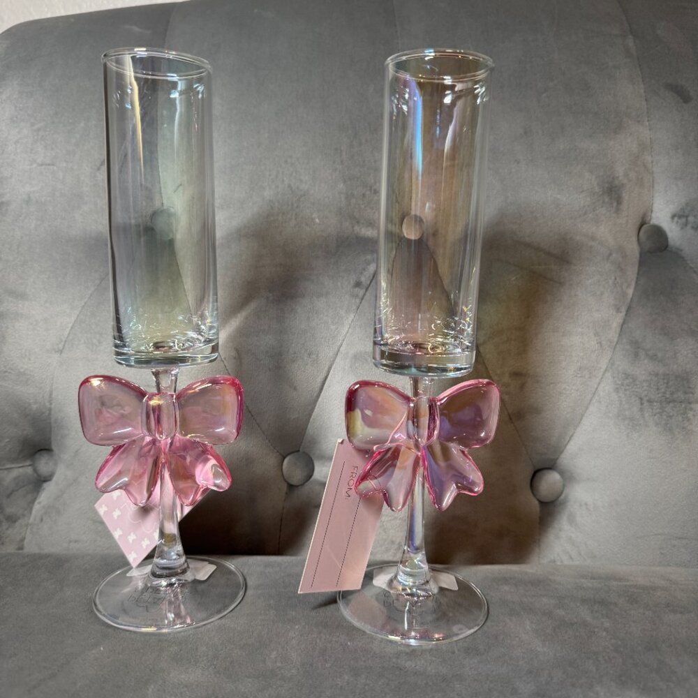 Petal & Pearl ‎ pink bow Iridescent Pastel Pale champagne Glass Set of 2 NWT